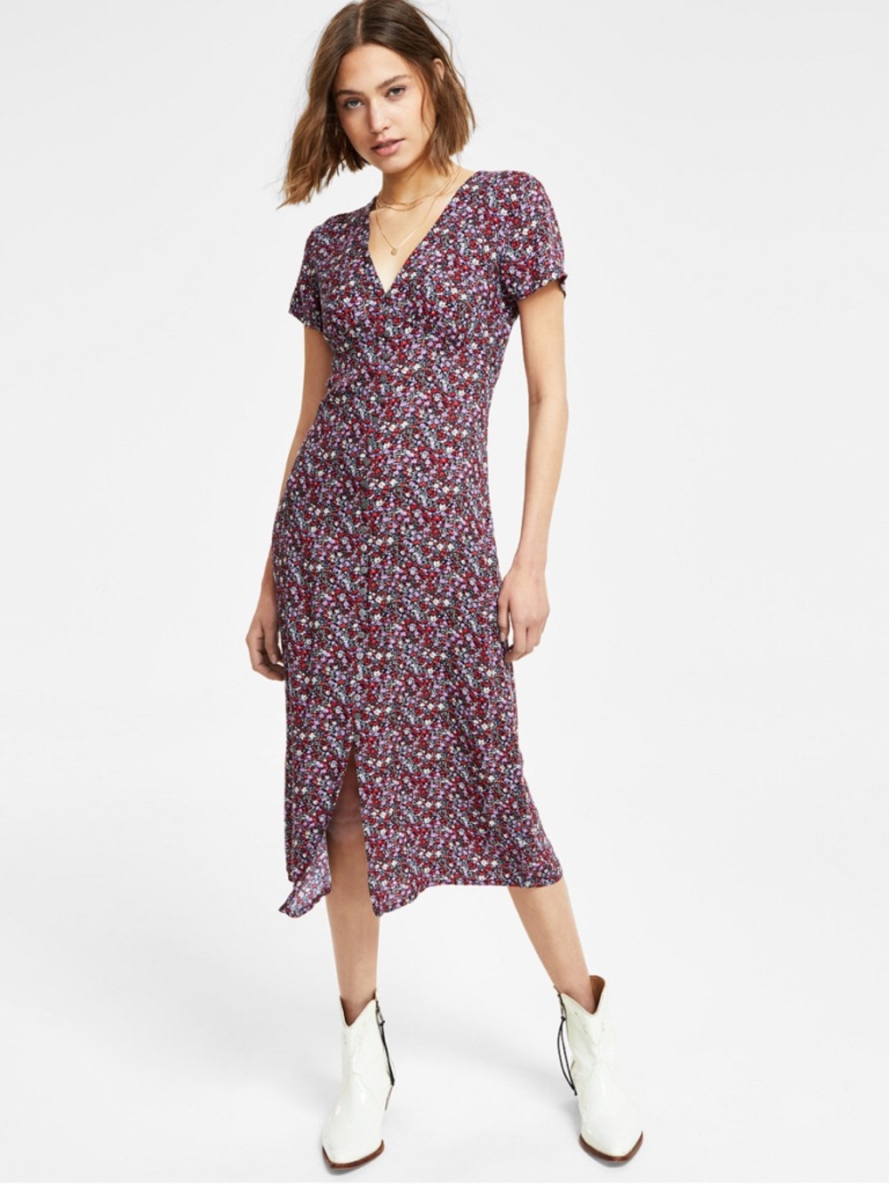 Lucky Brand Floral V-Neck Button-Front Midi Dress